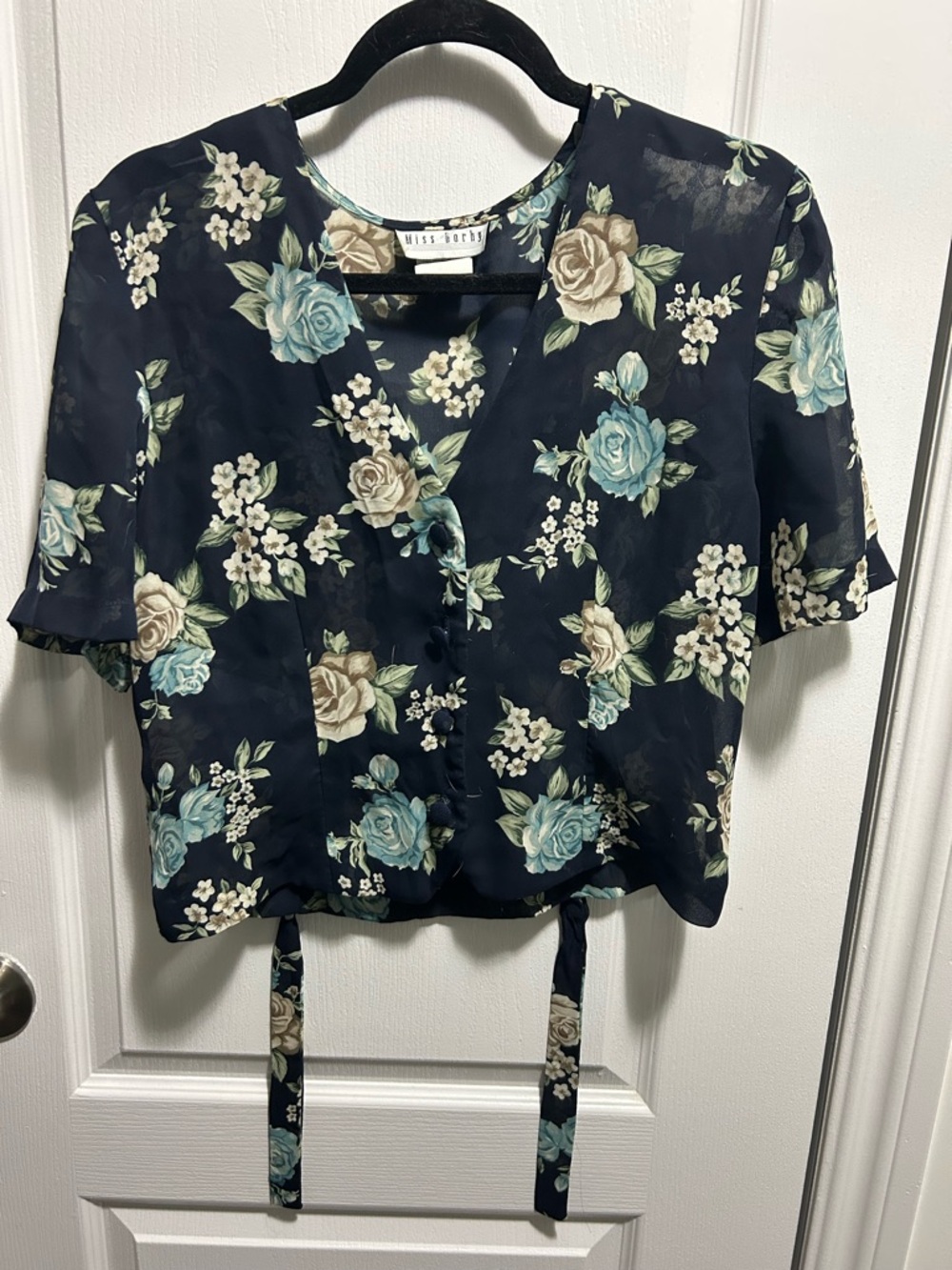 Miss Selfridge Navy Floral Tie-Front Blouse with Blue and Cream Roses - Picture 2 of 6